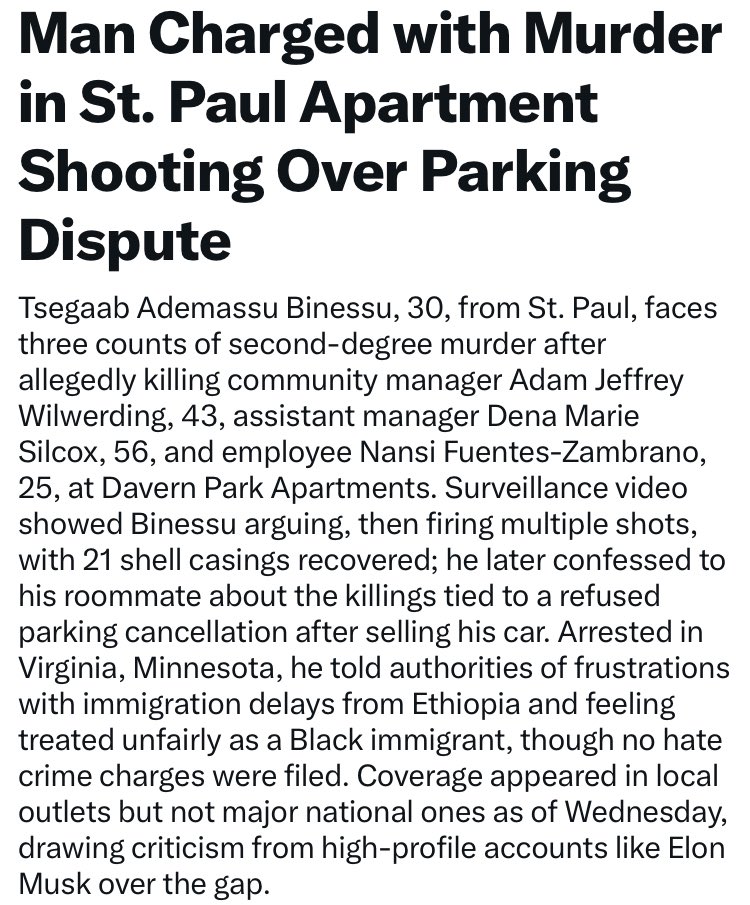 CreasonJana's tweet photo. Tim Walz will just claim that Tsegaab Binessu was having a “bad day” and shouldn’t be judged or imprisoned just because he had “One Bad Day!”

This all happened over a parking dispute … BUT … because he’s black and he murdered white people, the legacy media will not report on it. Regardless, if they did report on it, they would find ways to make him look sympathetic and make excuses for him by somehow blaming the victims.

0 @AP stories about the executions
0 @PBS stories about the executions
0 @nytimes stories about the executions 
0 @NPR stories about the executions 
0 @WSJ stories about the executions
0 @BBC stories about the executions
0 @CNN stories about the executions
0 @WaPo stories about the executions 
0 @Reuters stories about the executions
0 @MSNOWNews stories about the executions