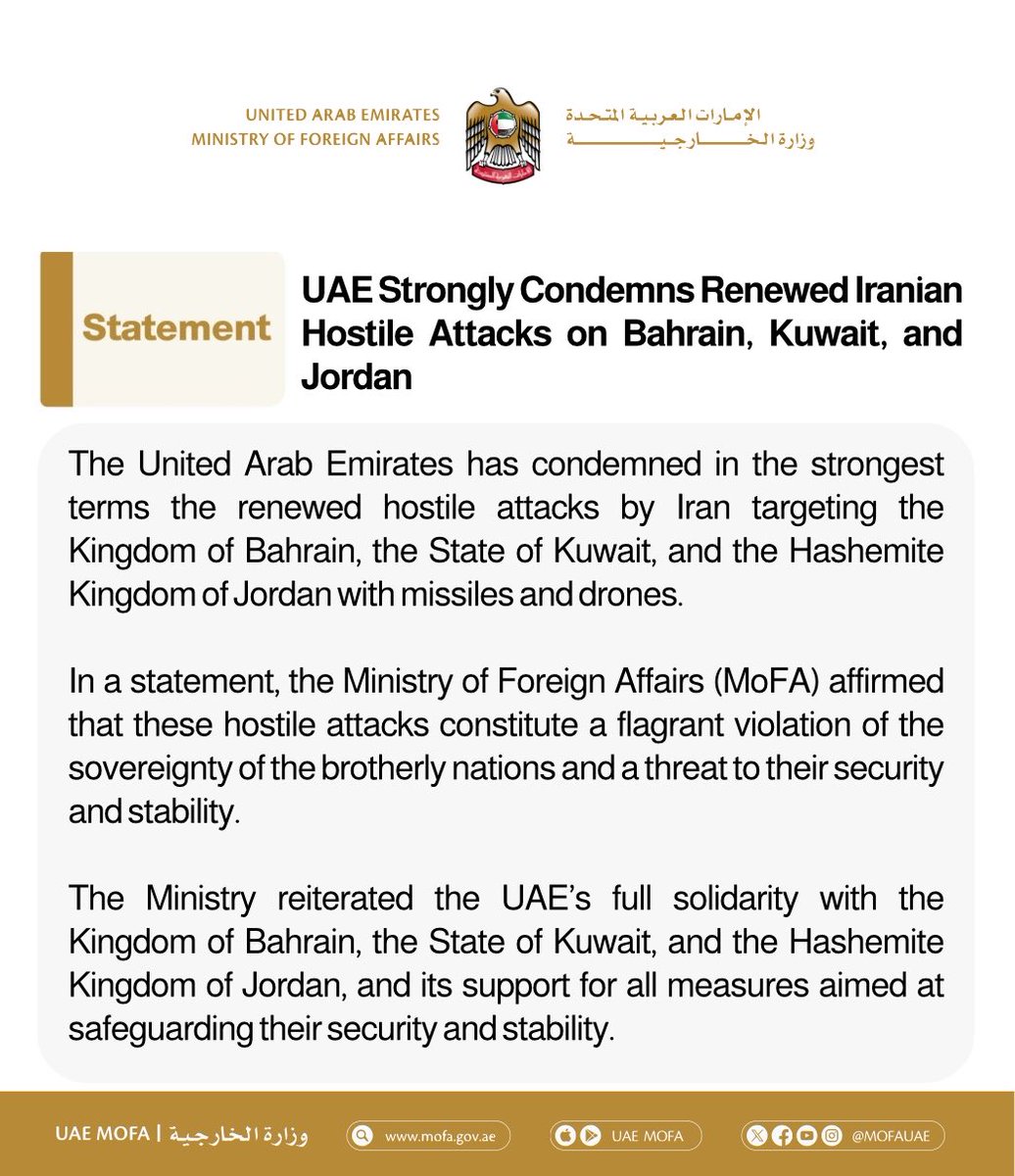 mofauae's tweet photo. الإمارات تُدين بشدة تجدد الهجمات الإيرانية العدوانية على البحرين والكويت والأردن

UAE Strongly Condemns Renewed Iranian Hostile Attacks on Bahrain, Kuwait, and Jordan https://t.co/eM1Wx2m9un