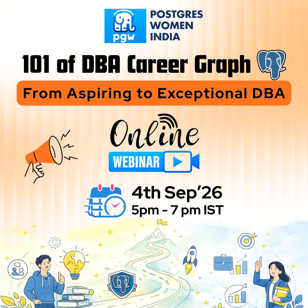 PostgresWomenIn's tweet photo. Join our upcoming webinar: "101 of DBA Career Graph" 

Kick-start your PostgreSQL DBA journey with insights from experienced professionals.

📅 Sept 4, 2026
🕔 5:00–7:00 PM IST

📌 Registrations opening soon. Stay tuned!

#PostgreSQL #DBA #PostgresWomenIndia  #Careers 
#AI https://t.co/K6GUaDIhi3