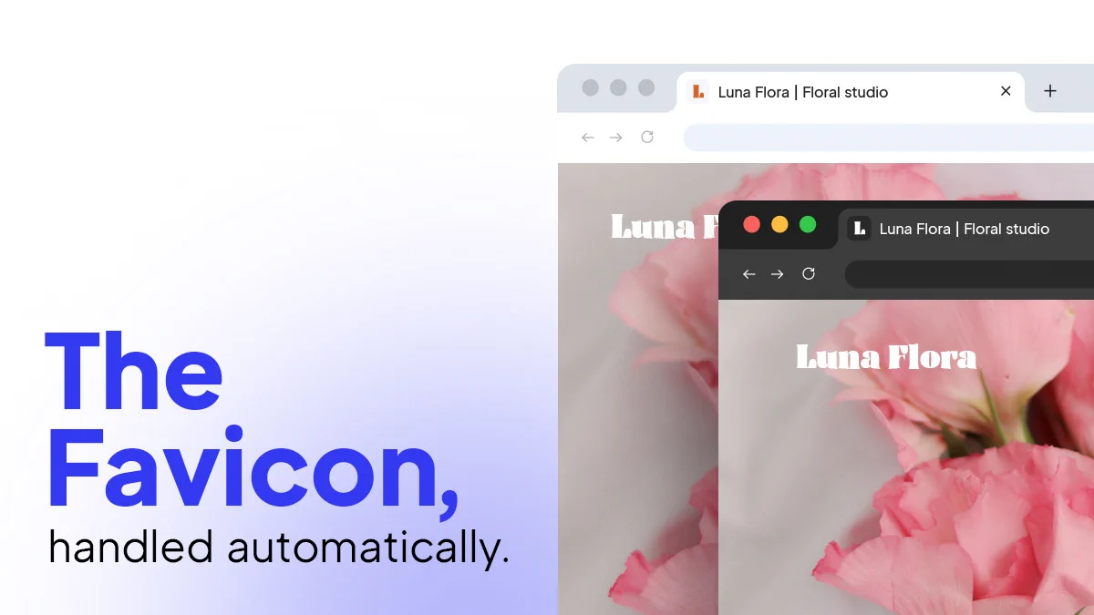 A banner showing browsers in dark and light mode where the favicon is generated automatically. 