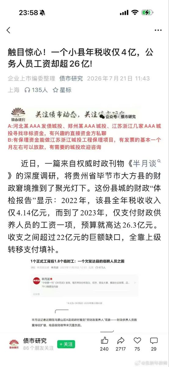 DBL_fay's tweet photo. 中国人财政供养人数比例在1:18左右，县城比例普遍更高，这个县是1:14
中国的经济产业链税赋是30～50%，按30%算
当地人口查阅数据是60w
那么该贫困县人均县城人均年收入约2400，但公务员人均年收入是26亿/4.4万=59090。两者相差近25倍
这就是为啥都想考公

数据
https://t.co/MQj0hrc94Q https://t.co/HmY4drsoUg
