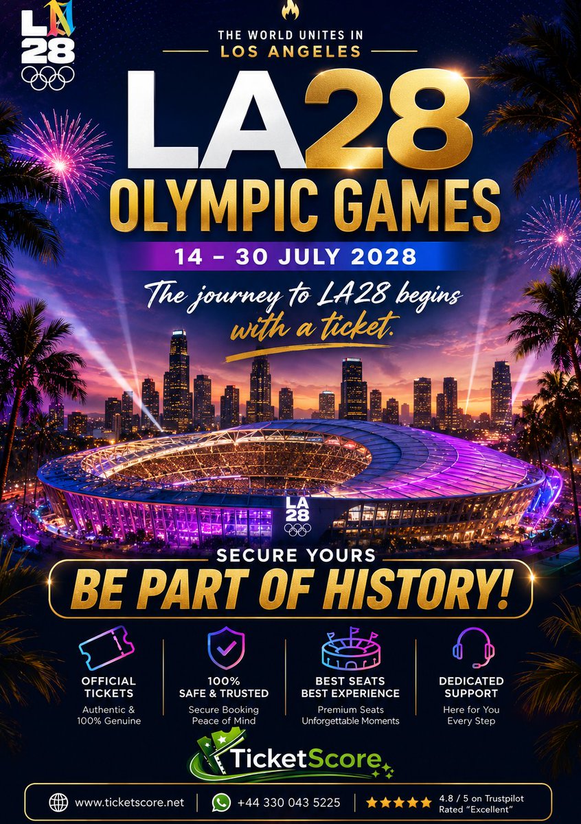 Ticketscoree's tweet photo. LA28 is more than an event-it's your chance to witness history live.
Check out : https://t.co/v46y0TnFYt
WhatsApp us: +44 330 043 5225
Join us : https://t.co/jhluBVCuiT
#LA28 #Olympics2028 #olympicgames #TicketScore https://t.co/XggmulXQ55