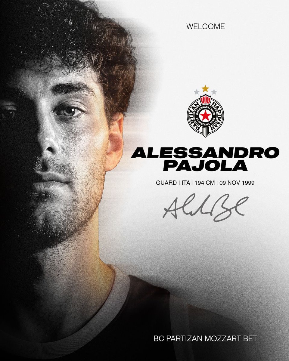 PartizanBC's tweet photo. Iz crno-bele Bolonje u crno-beli Beograd! Reprezentativac Italije i doskorašnji košarkaš Virtusa Alesandro Pajola, novo je pojačanje Partizana Mozzart Bet!✊🏽

Bek koji će u novembru napuniti 27 godina, iza sebe ima 10 sezona u Virtusu sa kojim je osvajao EuroCup, FIBA Ligu šampiona, dva puta Seriju A, dva puta Kup Italije i tri puta italijanski Superkup. 

U sezonama 2021/22 i 2024/25, Alesandro Pajola je proglašavan za najboljeg defanzivca italijanske Serije A. 

Sa Partizanom Mozzart Bet, Pajola je potpisao dvogodišnji ugovor.🖤🤍