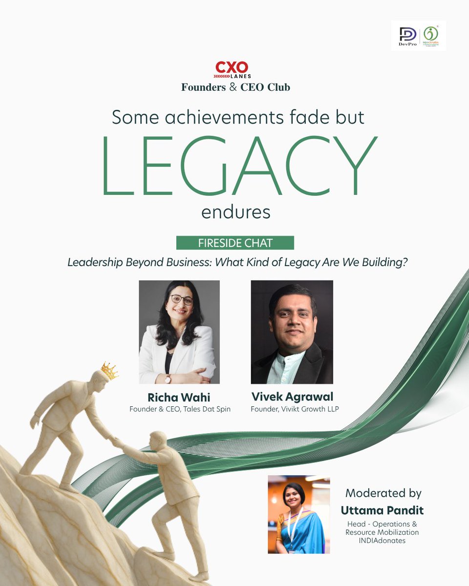 indiadonatesID's tweet photo. The conversations begin tomorrow.

We're excited to join the CXO Lanes 𝐅𝐨𝐮𝐧𝐝𝐞𝐫𝐬 & 𝐂𝐄𝐎 𝐂𝐥𝐮𝐛, where business leaders will come together to explore the future of AI adoption, leadership, and meaningful networking.

As part of the programme, Uttama Pandit, Head – Operations & Resource Mobilization, INDIAdonates, will moderate a special fireside conversation:

Leadership Beyond Business: What Kind of Legacy Are We Building?

Joining her in this thought-provoking discussion are:

Richa Wahi, Founder & CEO, Tales Dat Spin

Vivek Agrawal, Founder, Vivikt Growth LLP

While the day focuses on how AI is transforming the way we build and lead organisations, this conversation will pause to ask a different question:

What responsibility comes with success?

Together, our speakers will reflect on how leadership extends beyond business—through the opportunities we create, the people we empower, and the legacy we leave behind.

At INDIAdonates, we believe that meaningful leadership isn't defined only by what we achieve, but by the positive impact we create beyond ourselves. We're proud to be part of this conversation and look forward to engaging with a community of leaders who are shaping the future of business—and the future of society.

See you at CXO Lanes.

#CXOLanes #FoundersAndCEOsClub #LeadershipBeyondBusiness #Leadership #AIAdoption #Networking #Legacy #INDIAdonates