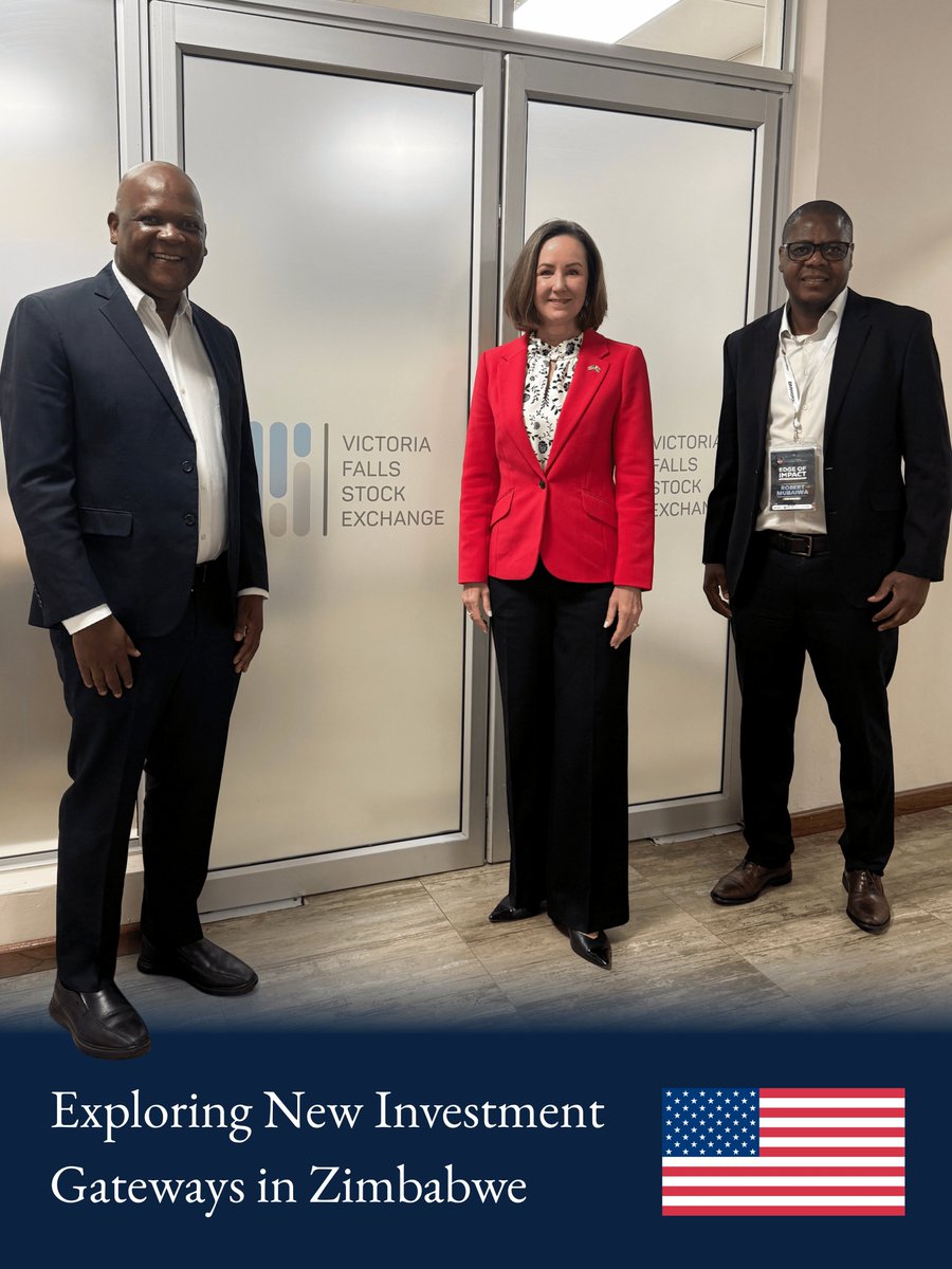 USEmbZim's tweet photo. The Victoria Falls Stock Exchange is opening new doors for global investors.

On the sidelines of American Chamber of Commerce (AmCham)'s Edge of Impact Conference,  Amb Tremont sat down with VFEX Group Chief Executive Officer Justin Bgoni and Head of Markets Robert Mubaiwa to discuss Zimbabwe's evolving investment landscape and opportunities for American capital in the region.

From capital markets to critical sectors, the U.S. remains committed to exploring how American investment can help drive shared growth. 🇺🇸🇿🇼