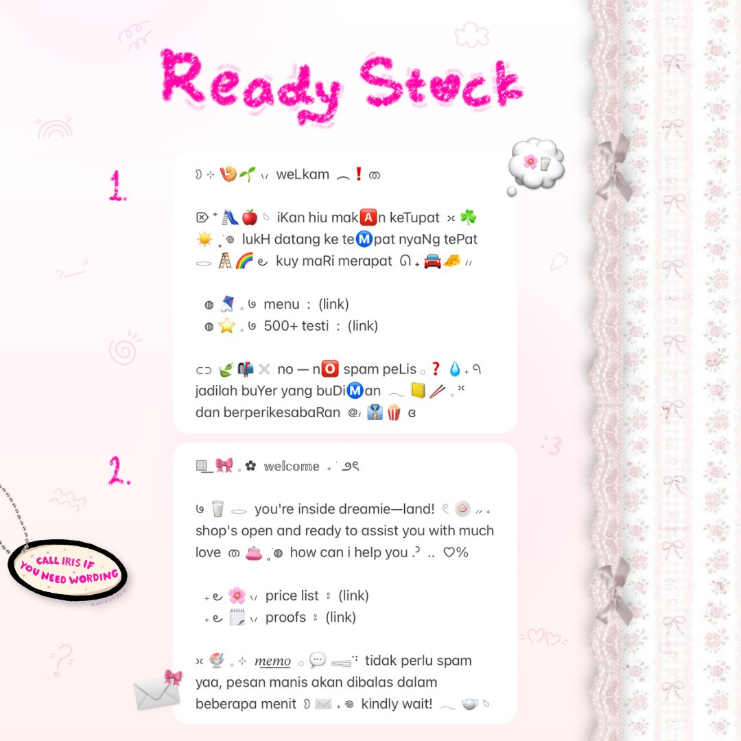 wordinh's tweet photo. ⠀
kindly help 𝑟𝑒𝑡𝑤𝑒𝑒𝑡, thx!  ♡%l

🌸🍦  freshly bloomed  ..  < GREETING WORDING >  👔⭐️  tersedia dalam tema jamethetic &amp;&amp; cutesy  🌱🛝  only 5.500 / each!  🎀🍨  free ganti emoji jika ingin disesuaikan dengan tema tokomu iaa  🍎💬

t.  #bealanja welcome rs ready stock https://t.co/HGFuANa7oE