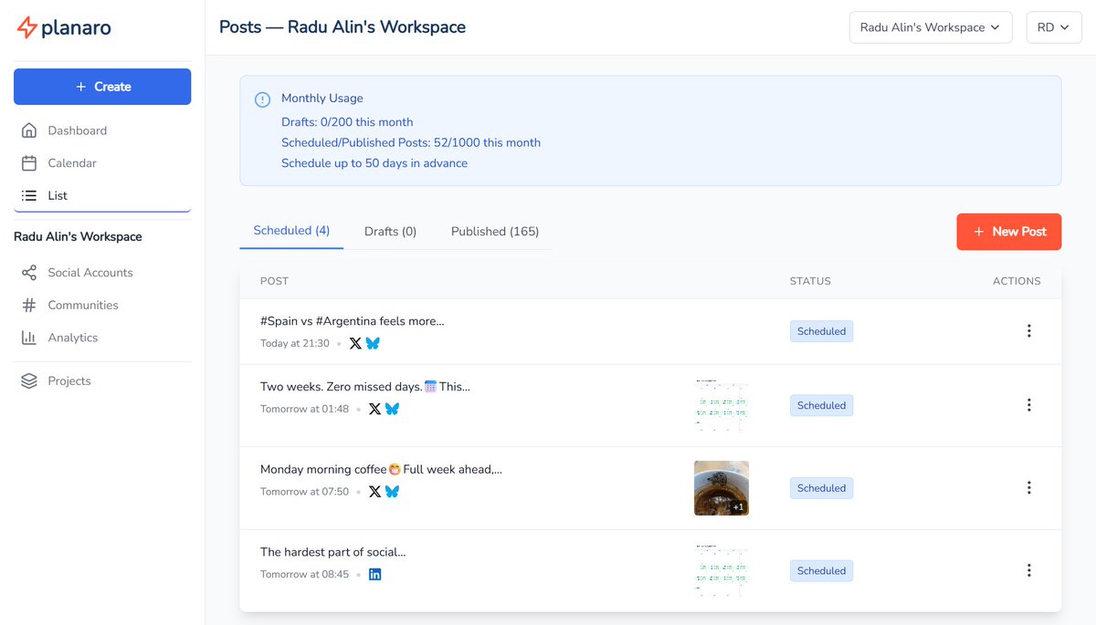 GetPlanaro's tweet photo. 4 posts queued, ready to go. 📋
This is our own Planaro list view — every scheduled post, its platforms, and its send time, all in one place. No wondering what's going out next.
Schedule → Publish → Distribute.

#socialmediascheduling #socialmediamarketing #marketingtools https://t.co/lKEhOzrGsy