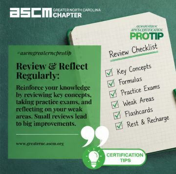 ASCM_GreaterNC's tweet photo. 💡 Certification Tip
Review. Reflect. Improve.
Take time to revisit key concepts, practice questions, and weak areas. Small review sessions build confidence for exam day.
#ASCM #CPIM #CSCP #CertificationTips https://t.co/tYWe2Mt2r1