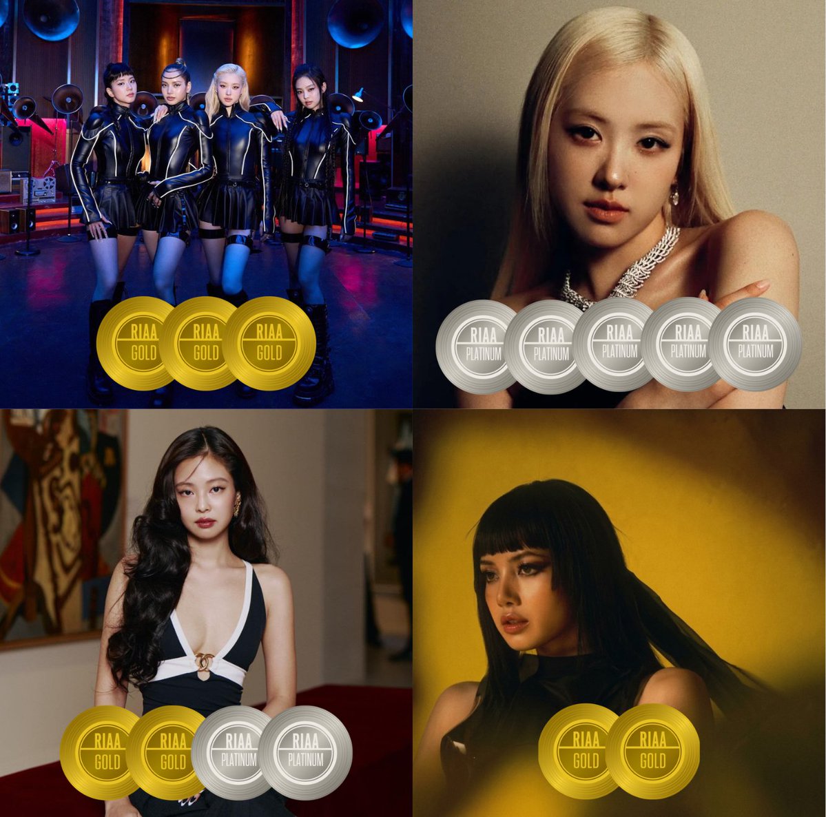 ThePopWise's tweet photo. 🏆 BLACKPINK & Members Official US RIAA Certifications:

BLACKPINK — JUMP — 📀 Gold
BLACKPINK — DDU-DU DDU-DU — 📀 Gold
BLACKPINK — Sour Candy — 📀 Gold
ROSÉ — APT. — 💿💿💿💿💿 5x Multi-Platinum
JENNIE — One Of The Girls — 💿 Platinum
JENNIE — Mantra – 📀 Gold
JENNIE — like JENNIE – 💿 Platinum
JENNIE — ExtraL – 📀 Gold
LISA — Moonlit Floor (Kiss Me) — 📀 Gold
LISA — Rockstar — 📀 Gold