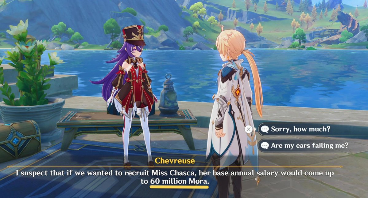 teyvattabloid's tweet photo. Chasca's base annual salary as a Special Security member would come up to 60 million Mora

©️ u/hyperdefiance

#Genshinlmpact #Genshin #GenshinMemes https://t.co/0XaosaJjl6