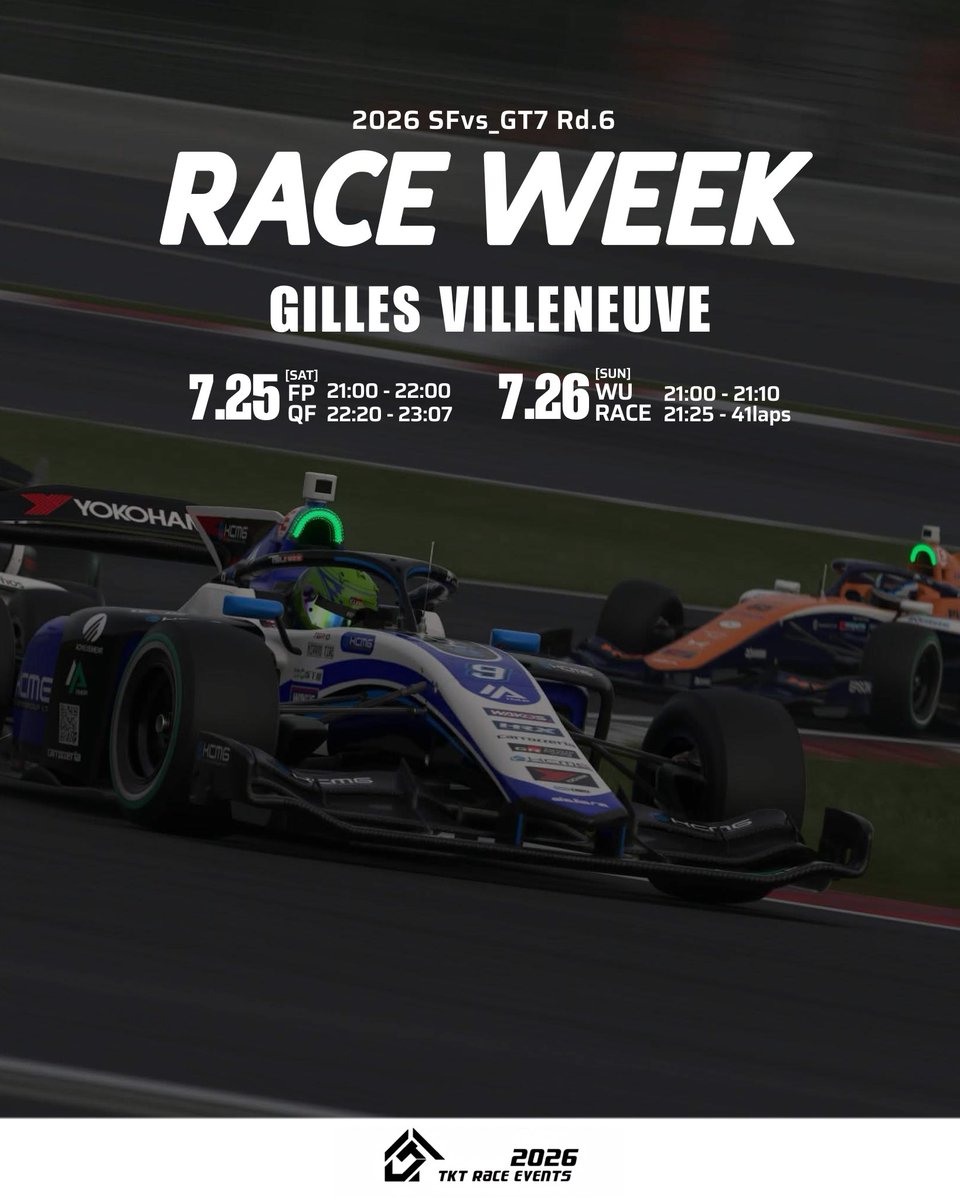 tktrace_events's tweet photo. ⚡️『IT'S RACE WEEK』⚡️
ー未知の舞台、開幕。ー
🗓7/25(土) 7/26(日) │ Rd.5
📍Gilles-Villeneuve Circuit🇨🇦

 🎬Rd.5の模様はこちらから⬇️
▶ https://t.co/LyciLxukIM🔗

🎬Rd.6も全セッション完全生中継✨️
お見逃し無く👀
▶ https://t.co/EekzRzw3Bq🔗
#GT7 
#SFvs_GT7 https://t.co/I1OVcOenB1