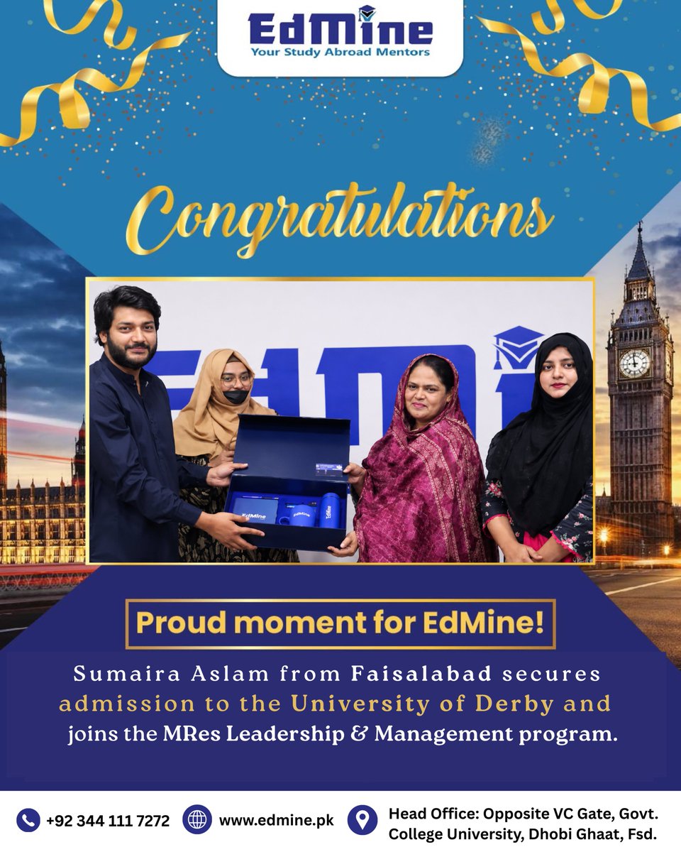 edmine_official's tweet photo. Success Story! 𝐒𝐮𝐦𝐚𝐢𝐫𝐚 𝐀𝐬𝐥𝐚𝐦 joins 𝐔𝐧𝐢𝐯𝐞𝐫𝐬𝐢𝐭𝐲 𝐨𝐟 𝐃𝐞𝐫𝐛𝐲 for MRes Leadership &amp; Management 👏
#successstory #universityofderby #studentlife #studyvisa #edmineyourstudyabroadmentors #ukuniversities #StudyInUK #studentlife #studyvisa https://t.co/Ew1EPPjh52