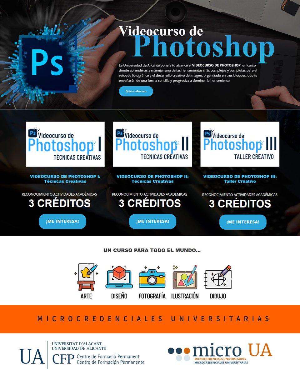 cfp_ua's tweet photo. 🖥️🎨 Microcredencial UA | Videocurso de Photoshop
Empieza desde cero y aprende a utilizar Photoshop para retocar imágenes, crear montajes y desarrollar tu creatividad digital.
💻 Online asíncrona
🎓 3 ECTS · 💶 60 €
📅 Hasta el 31/8
🔗 https://t.co/9Pp0op9Q6O
#Photoshop #UA https://t.co/5ebY7A5R9y