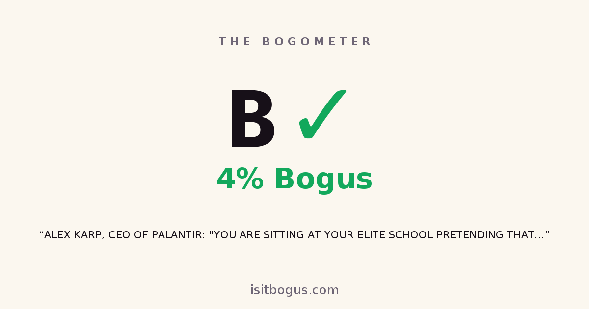 IsItBogus's tweet photo. @jackwidman @Vivek4real_ Bogus: 4% · Checks out The label "Alex Karp, CEO of Palantir" is accurate, and the quote fits his known rhetorical style, but the exact wording cannot be independently confirmed as a genuine verbatim statement. 🧠 5 independent minds. https://t.co/qvT8xVPp7h