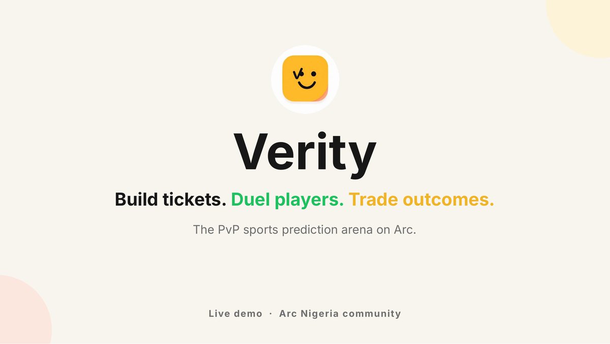 Veritysports's tweet photo. Arc Nigeria Bi-weekly meet up: Verity Demo Recap

Yesterday, we presented Verity to the Arc Nigeria community. Thanks to @JerryOjumah and @CarbzXBT 

For anyone who missed the demo, here is a quick breakdown of what we are building.

Verity is a PVP sports prediction arena on Arc.

Fans already predict every matchday in group chats, against friends, and for bragging rights. Verity turns those predictions into head-to-head duels settled in USDC.

How it works:
1. Build a ticket on a real sports fixture

2. Get matched against another player

3. The player with the most correct picks wins (you win money from correct picks as there are tradable markets built in underneath)

3. Earn XP and climb the leaderboard

No seed phrases. No gas. Players can sign in with just an email through Circle Wallets.

We have already tested the experience with real football fans through our World Cup PVP campaign, where winners shared a $500 prize pool.

Market creators and LPs can also earn from activity generated under their markets through Circle Nanopayments.

Play:  https://t.co/88zOBwCrDO 
Feedback:  https://t.co/MB6Ofm7P7m  Verity Nigerian community:  https://t.co/yCwiWrPr1t 
Discord: Coming soon

Try a duel and tell us what felt good, what felt confusing, and what we should improve.

Don’t glaze. Just be honest.

Build tickets. Duel players.