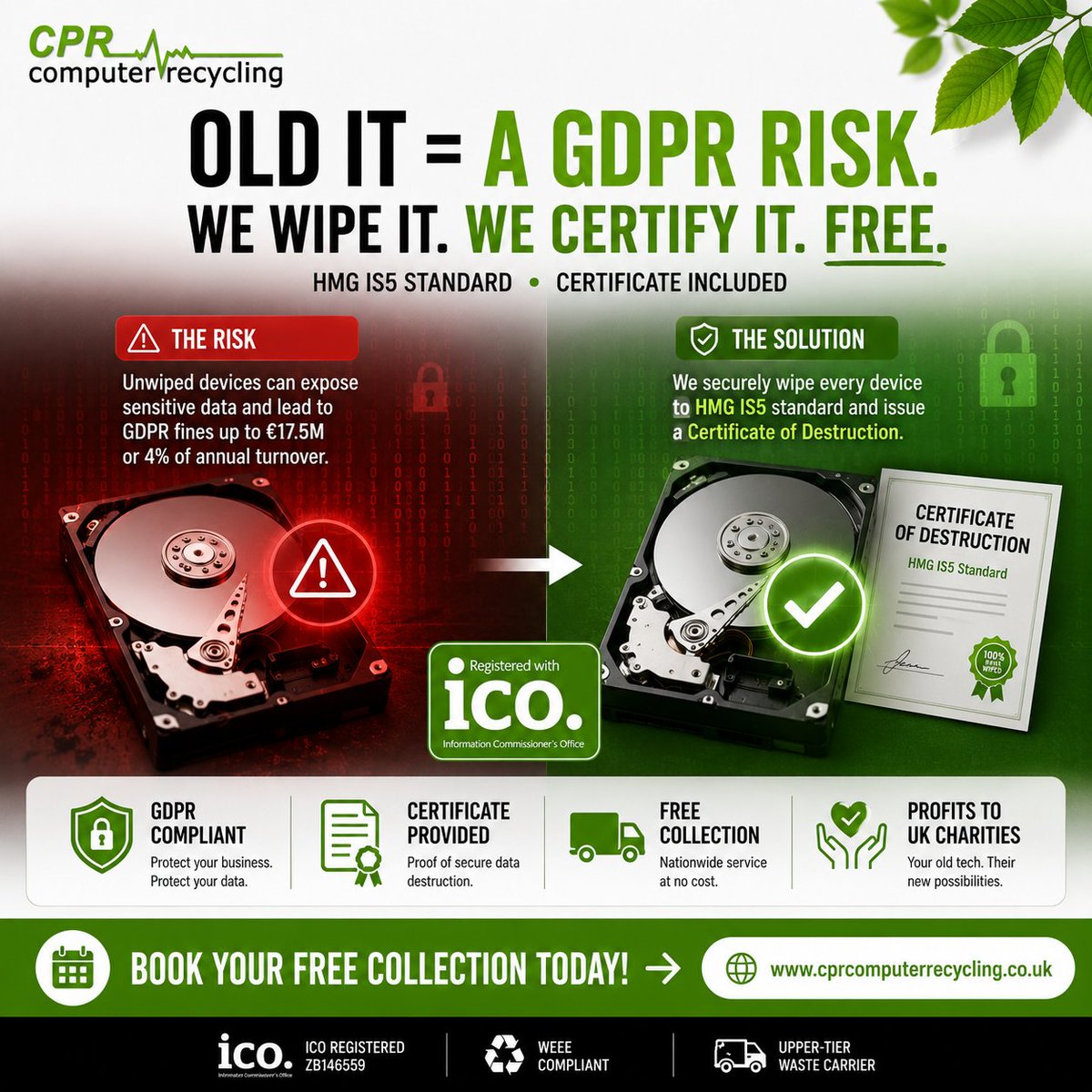 CPR_ITRecycling's tweet photo. Old IT = a GDPR risk We wipe it. We certify it. Free. Every drive is destroyed to HMG IS5 standard with a certificate included. Don’t let redundant devices become a data breach.
🌐https://t.co/y4q4PSvJLY

#GDPR #DataSecurity #DataDestruction #ICO #DataProtection #ITRecycling https://t.co/BqJTgGfUdM