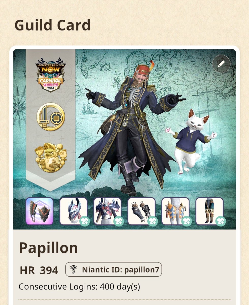 Ronald_Papillon's tweet photo. ログイン継続日数400日達成😸(本当はリリース日から継続中)
そして、みんな大好きあの伝説のキャプテンがモンハンの世界に遂に登場したそうな🏴☠️🌊🚢
#モンハンNow
#POTC
#Savvy https://t.co/8VN6JxWYlX