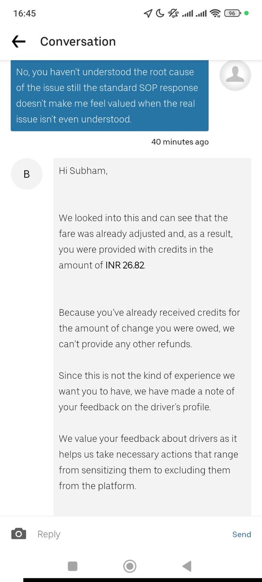 agrawalsubham7's tweet photo. @Uber_Support 

Couldn't imagine such un-empathetic and lack of problem solving mindset from uber in app support! https://t.co/aeKsIYo3V4