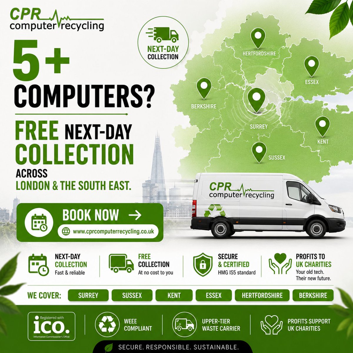 CPR_ITRecycling's tweet photo. 5+ computers, monitors or servers? 
Enjoy FREE next-day collection across London &amp; the
South East - Surrey, Sussex, Kent, Essex, Hertfordshire &amp; Berkshire. Free, tracked and hassle- free.
Book now: https://t.co/y4q4PSvJLY

#FreeCollection #ComputerRecycling #ITRecycling #London https://t.co/KWTLJ7pPLa