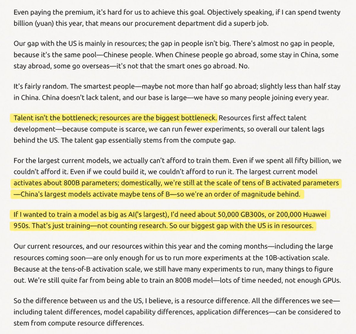 notjazii's tweet photo. Anthropic has already won

if this read is right, the real Mythos has 800B active params

not fable 5 or mythos 5 but the real one

China is already worried they can’t reach this scale

Wenfeng says their biggest models are still in the tens of billions and matching this would need:

> 50,000 Nvidia AI chips
> or 200,000 Huawei chips

and that’s just for training btw not even research

how tf is anyone supposed to catch up?