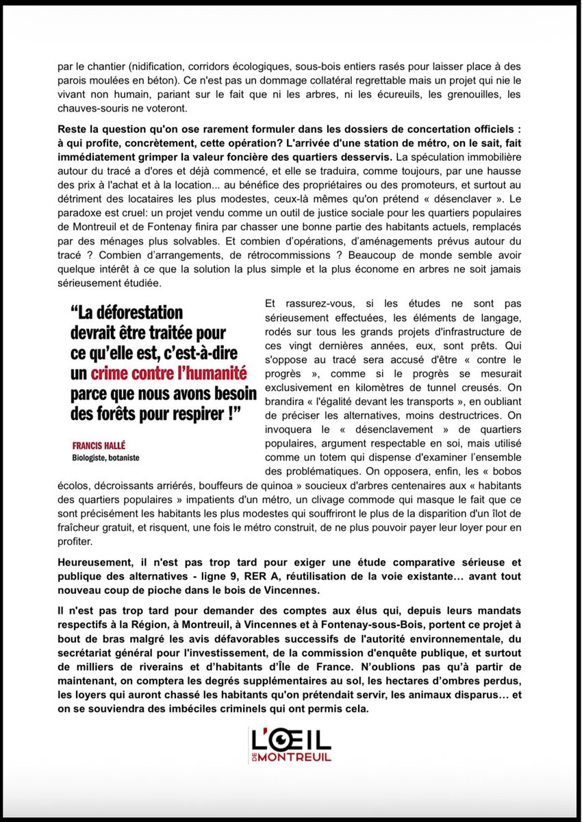 Ecureuil122's tweet photo. Excellent article d un habitant de Montreuil qui vous dit tout sur le projet mortifère du prolongement de la ligne 1. @TanguiLeDantec @SPPEF @FPEnvironnement @le_Parisien @BFMTV @CNEWS @Le_Figaro @FNE_Paris @A_ARBRES @greenpeacefr https://t.co/ClffrpdDt7