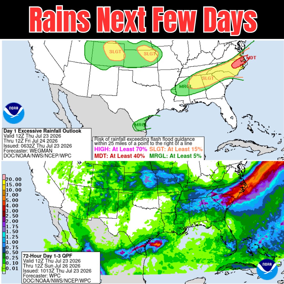 tropicalupdate's tweet photo. Rainfall the next few days (top). Couple areas to mention. Sloppy Bertha into Texas. And lingering front lingering along eastern US. Flood potential there again today, especially in red (bottom). https://t.co/Hk3pbO7x8H https://t.co/SUj4nQinxd