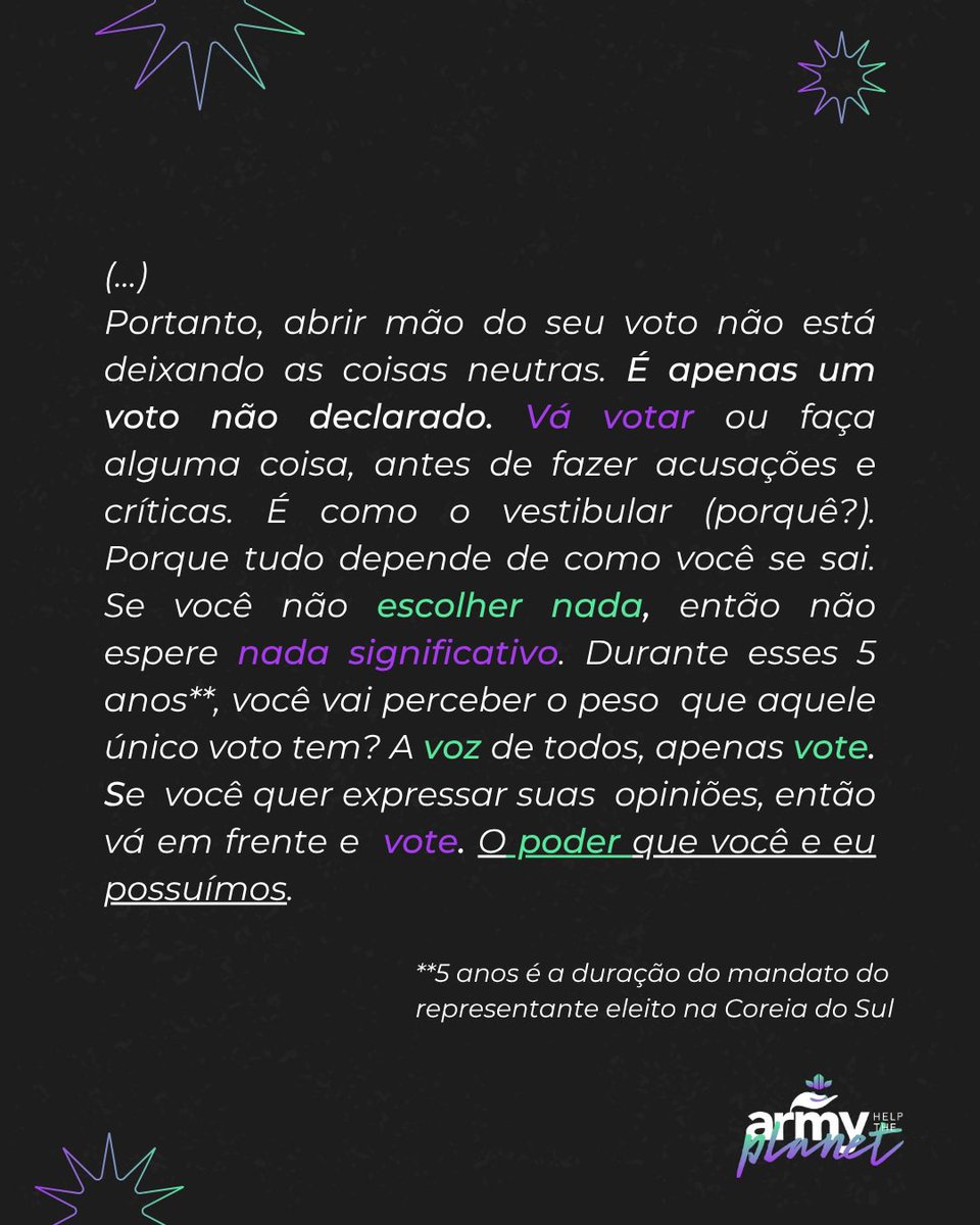 ARMY_HTP's tweet photo. RM escreveu a música Vote em 2012, quando ainda era menor de idade e não possuía direito ao voto, segundo a lei da Coreia do Sul. 

Nessa música, ele destaca que o voto é nossa voz, e como um único voto contribui para o futuro da nação durante todo o tempo de mandato dos representantes eleitos.

E você? Tem consciência do poder do seu voto?

O voto é seu, mas o futuro é nosso. Não deixe sua voz silenciada. Tira o título da carteira e exerça seu direito nestas eleições!

#TiraOTítuloArmy #PolitizArmy #ArmyNasUrnas