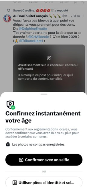 VictorSinclair3's tweet photo. Vous voulez la voir la protection des enfants vue par par Macron ?
Voici un de mes tweets de ce matin.
Il faut donner son âge pour voir "le contenu offensant".
Je vais vous dire ce que c'est : Une photo de Poutine avec une paire de jumelles.
Ils vous prennent pour des cons !!! https://t.co/8cJwsIaZ1y