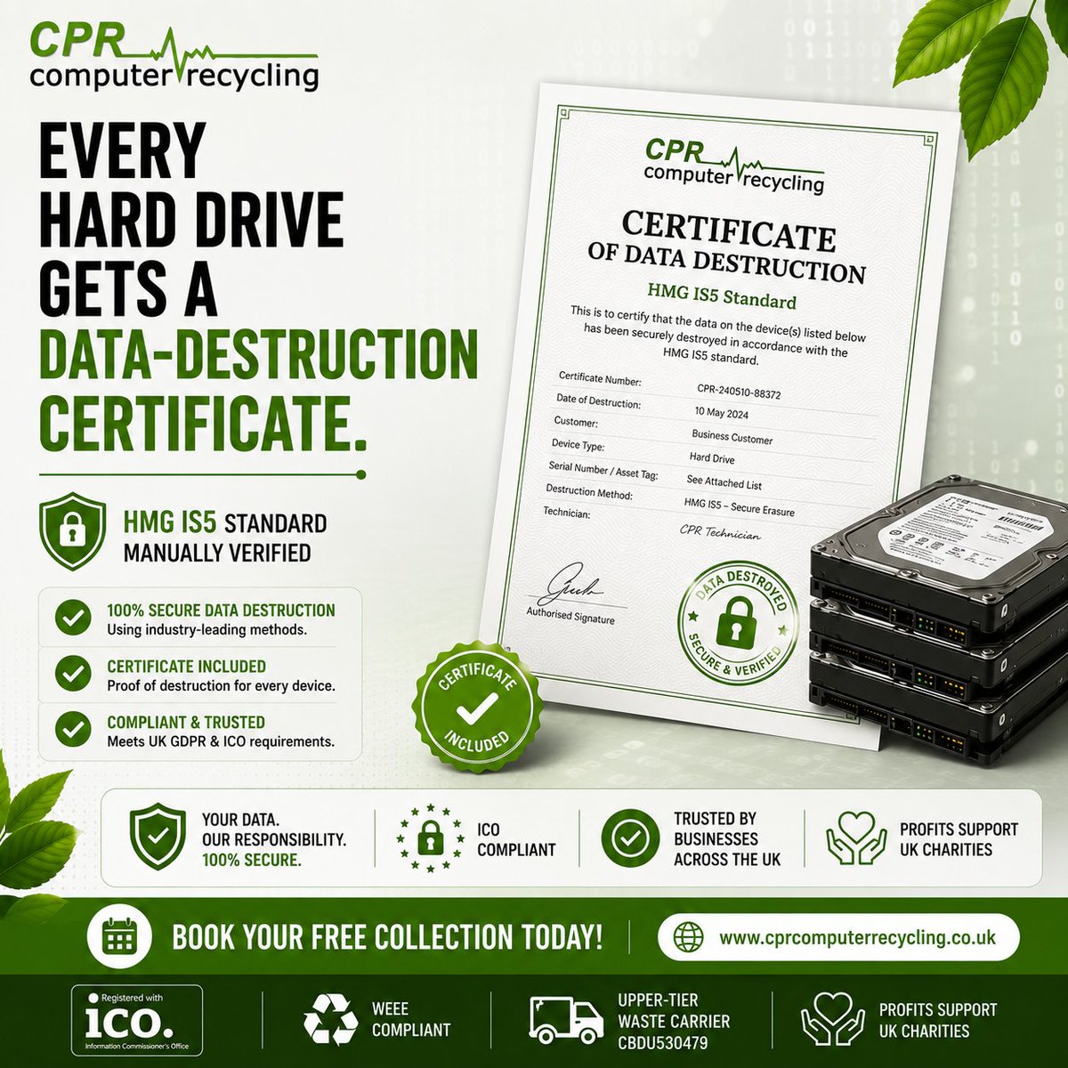 CPR_ITRecycling's tweet photo. Every hard drive gets a data-destruction certificate. Wiped to HMG IS5 standard and manually verified - so you have documented proof your data is gone. Peace of mind, included.
🌐https://t.co/y4q4PSvbWq

#DataDestruction #GDPR #DataSecurity #ICO #Compliance #ITRecycling #WEEE https://t.co/KZv9SXqzgf