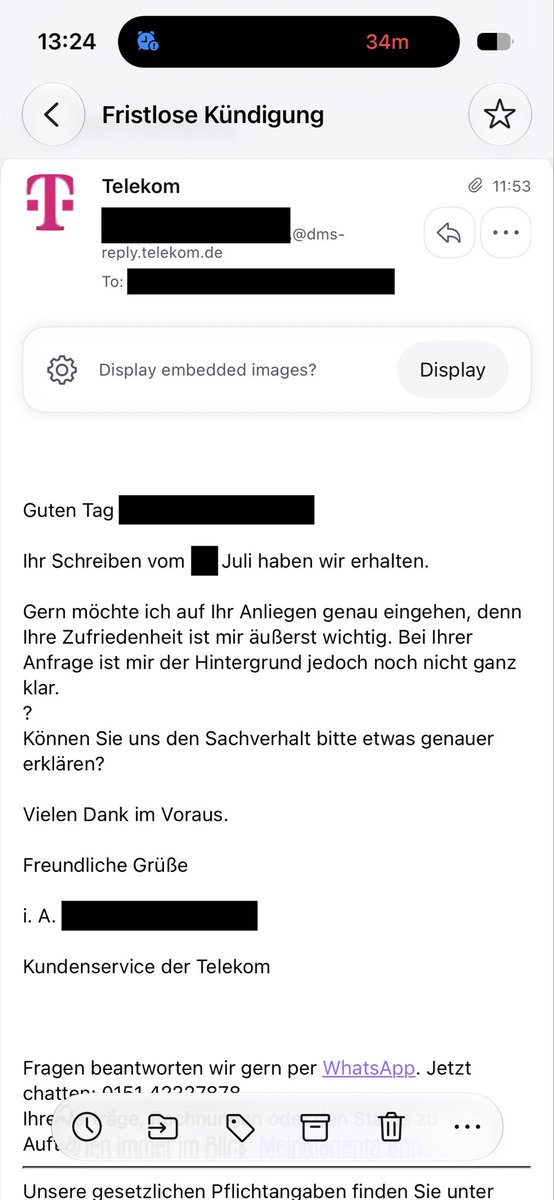 krmbltn's tweet photo. @dr_boese Mit der fristlosen Kündigung nach § 312k Abs. 6 BGB kann die Telekom in meinem Fall so gar nichts anfangen. „Der Hintergrund“ sei ihnen nicht ganz klar. Tja nun. https://t.co/pFooq28Q6s