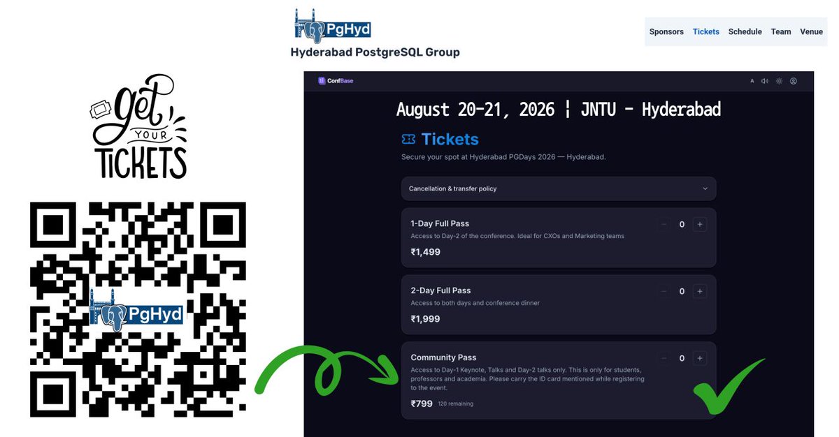 PgHydPUG's tweet photo. 🎓 Students, don't miss !!

Get a special Community Pass at a student-friendly price and connect, learn, and grow with the PostgreSQL community.

📅 Aug 20–21, 2026 
📍 JNTU, Hyd
🎟️ https://t.co/wL7Q8PKVr9

#PostgreSQL #Students #HyderabadPGDays2026 https://t.co/OhEUMxVc2A