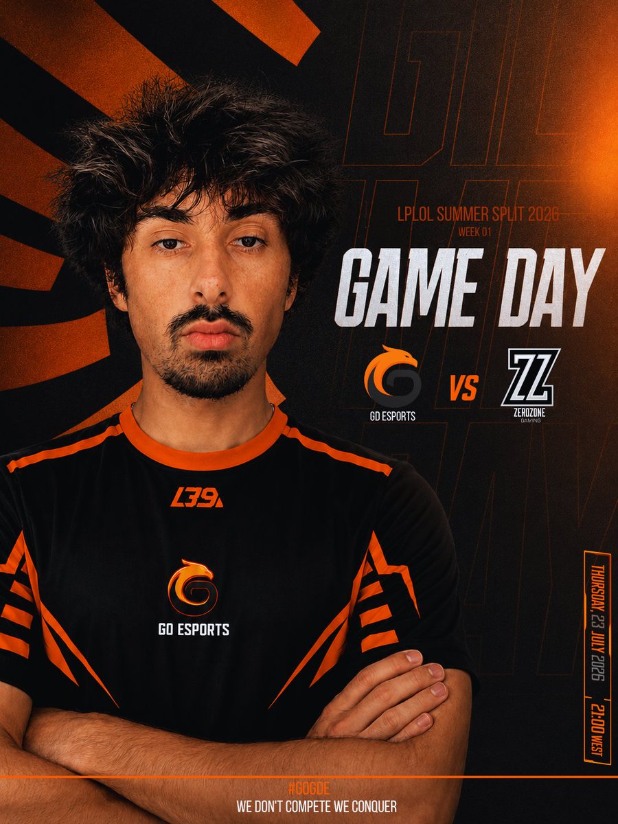GDESPORTS25's tweet photo. It's game day!

Today, GD Esports takes on ZeroZone Gaming in the LPLOL Summer Split.

🆚 @GDESPORTS25  vs @zerozone_gaming  
🕘 21:00 WEST
🕙 22:00 CEST
📺 Watch live: https://t.co/eLcAnokMIf

Every fight matters. Every objective counts. One mission: VICTORY.
Stand with us and cheer for the squad as we battle for another win.

We don't compete. We conquer. 🧡🖤

#GOGDE