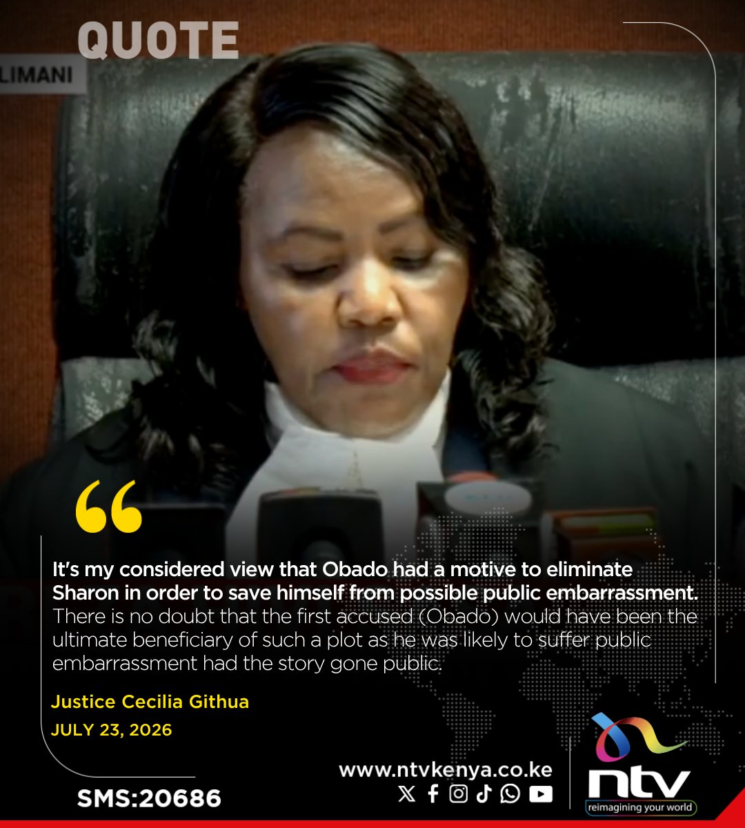 ntvkenya's tweet photo. Justice Cecilia Githua: It's my considered view that Obado had a motive to eliminate Sharon in order to save himself from possible public embarrassment. https://t.co/MgG5wW2roL