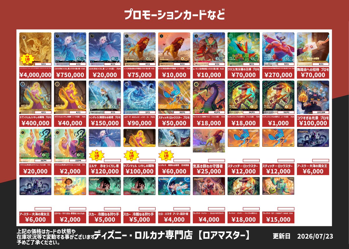 ディズニー・ロルカナ エンチャンテッド、プロモ、サプライ買取表です