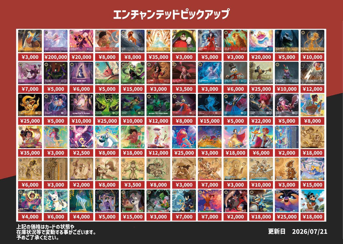 ディズニー・ロルカナ エンチャンテッド、プロモ、サプライ買取表です