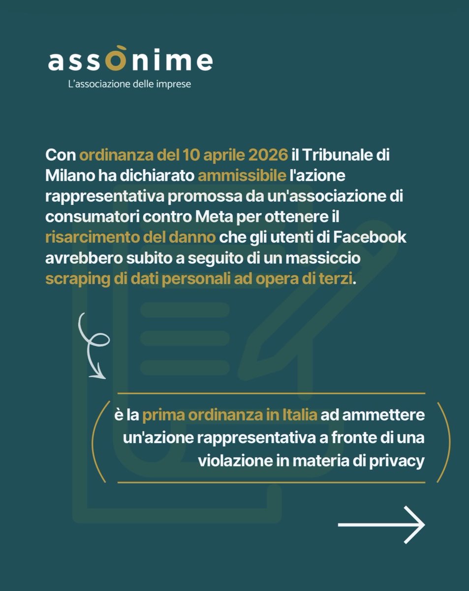 Assonime's tweet photo. ⚖️ Scraping di dati personali e class action: il Tribunale di Milano apre una nuova stagione della responsabilità civile privacy

@Assonime pubblica il Caso 7/2026, dedicato all’ordinanza del Tribunale di Milano che, nel caso Meta, affronta il rapporto tra GDPR e azioni rappresentative, chiarendo principi rilevanti in materia di tutela dei dati personali, danno da perdita di controllo dei dati e responsabilità delle imprese.

Per approfondire consulta il sito ➡️ https://t.co/5biLJW7K4N

📲 O la app di @Assonime 👉 https://t.co/6w2HSrqibi