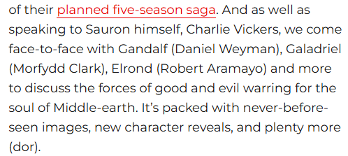 e51dc715a5's tweet photo. Someone else pointed this out already yesterday (but I cannot find it again) that the images published follow the order of the characters mentioned in the Empire article.

We already had Sauron, Gandalf and Galadriel, so today we will probably get something connected to Elrond. https://t.co/KVHxbotGpx