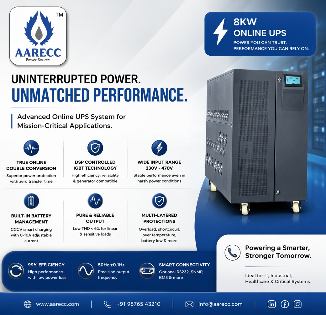 Aareccups1's tweet photo. AARECC (Aarecc Power Conversions) is an Indian power electronics manufacturer specializing in high-end power conditioning equipment. Their Online UPS technology is built on a Double-Conversion architecture https://t.co/J1PlZu9GA3