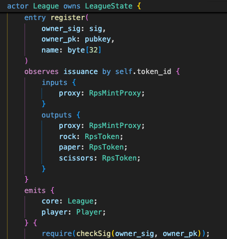manyfest_'s tweet photo. @michaelsuttonil 's Argent is a beautiful experiment. 
Argent extends SilverScript with higher-level concepts, which makes it easy to develop entire covenant applications that express complex relations with each other ones (aka "composability").

In the image, you can see the definition of a League actor which is one of the covenants of a Rock/Paper/Scissors tournament game.
League defines a Register entrypoint which emits a new player, and mints them R/P/S tokens with which they can duel. 
Those few lines of code express a very complex TX shape which includes two applications and 4 different actors(seen in this shitty ai-gened-img)

From Kaspa's prespective, applications are nothing but scripts, and scripts can be written in many ways.
For us to be able to create applications that can work with each other, we must agree and develop conventions which applications must implement.

The new "kccs" github repo is the place where those conventions will be finalized after discussing them on Kas-Smiths.