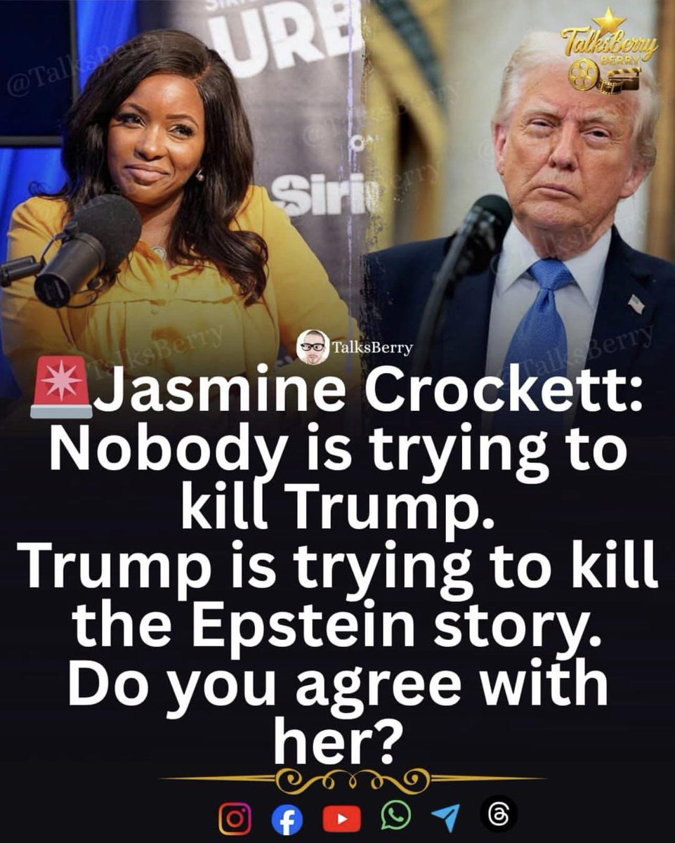 Zack_magaig's tweet photo. Jasmine Crockett:

Nobody is trying to kill Trump.
Trump is trying to kill the Epstein story.
🤔🤔🤔
Do you agree with her?💬
A. Yes..👍...?
B. No  👎.....? https://t.co/ak91O37ogT