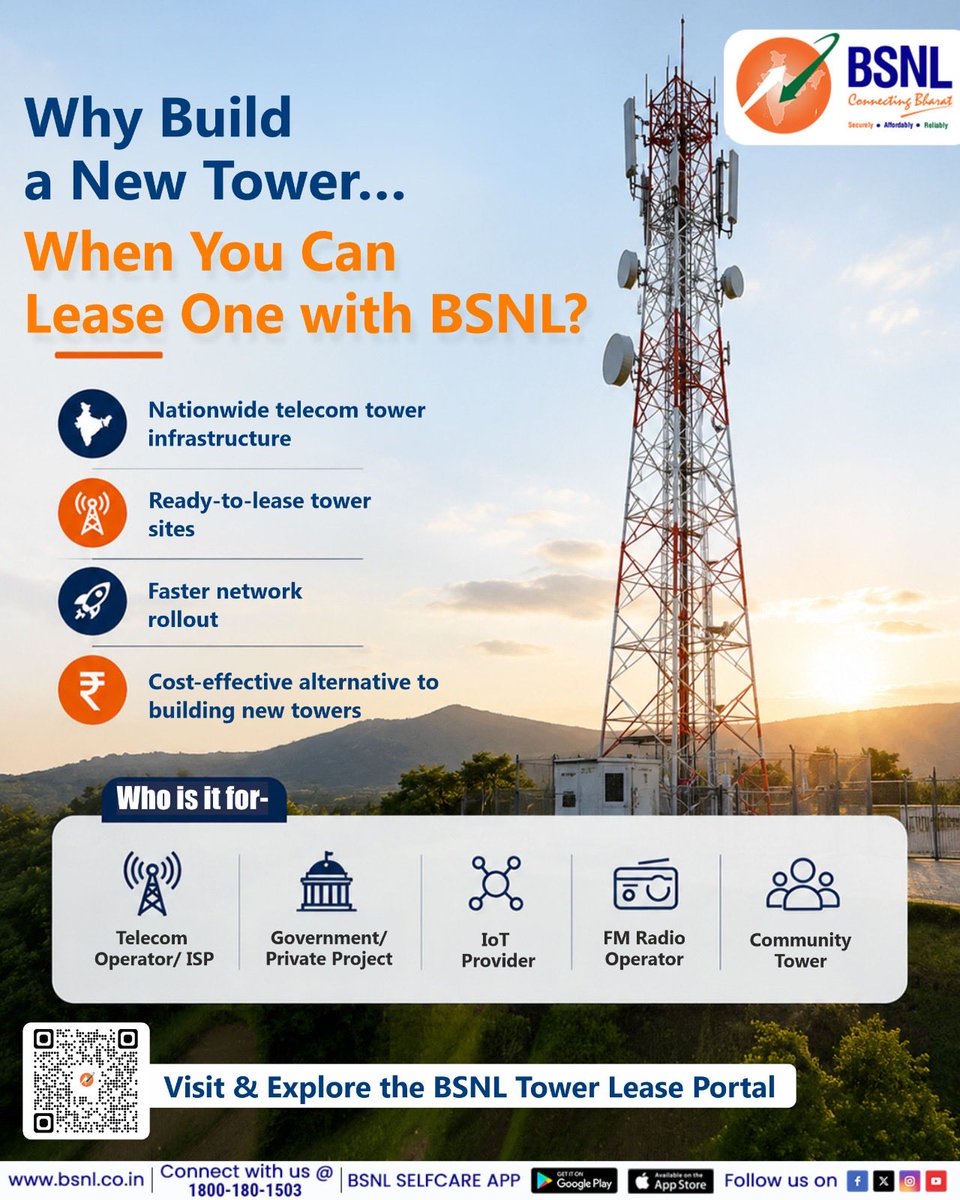 BSNLCorporate's tweet photo. Why invest in building a new tower when BSNL already has the infrastructure?

Leverage BSNL’s nationwide tower network for faster deployment, optimized costs and  seamless expansion.

Visit: https://t.co/DlfyNVfM93

#BSNLIndia #BSNlTower #Leased #Infrastructure #Network @CMDBSNL @robertravi21