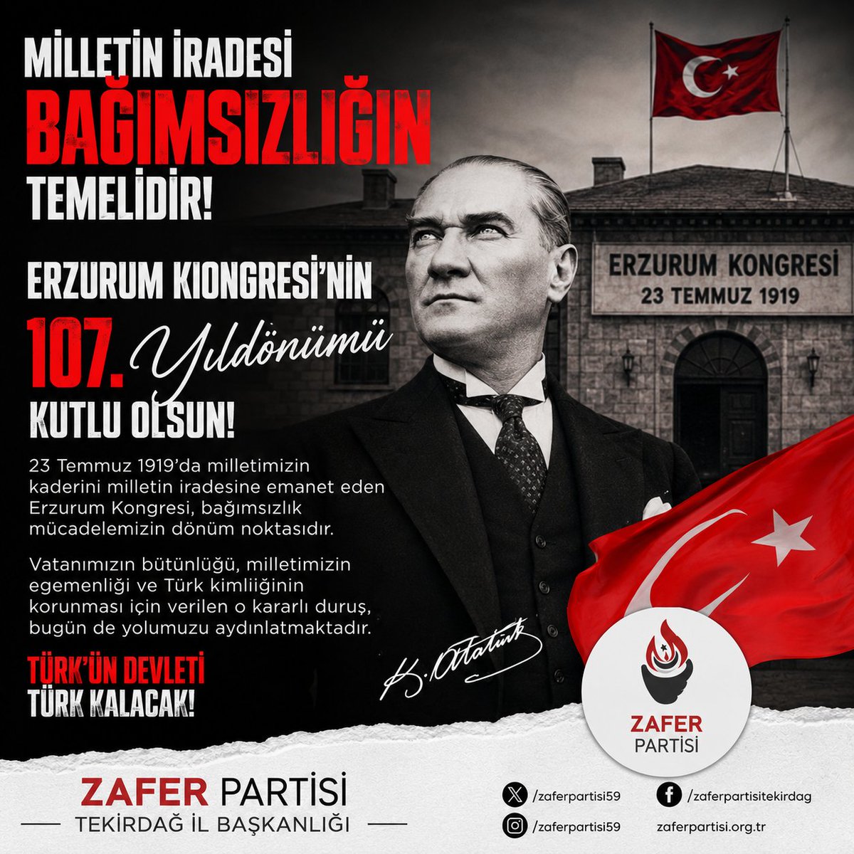 zaferpartisi59's tweet photo. 23 Temmuz 1919'da Erzurum'da ortaya konan irade, Türk milletinin bağımsızlık ve tam egemenlik kararlılığının tüm dünyaya ilanıdır.

Bugün de aynı inanç ve kararlılıkla; üniter devletimizi, milli kimliğimizi ve Cumhuriyetimizin temel değerlerini ZEFER PARTİSİ korumaya devam edecektir.

Erzurum Kongresi'nin 107. yıl dönümünü saygı, minnet ve rahmetle anıyoruz.

🇹🇷 Ne Mutlu Türk'üm Diyene!