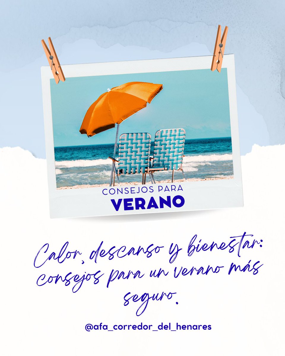 AFACorredor's tweet photo. CONSEJOS PARA VERANO

Planificar los viajes y desplazamientos,mantener una vida activa,hidratación y alimentación,protegerse del sol,favorecer la participación social. Feliz verano!!!! https://t.co/EnpFmMRAui