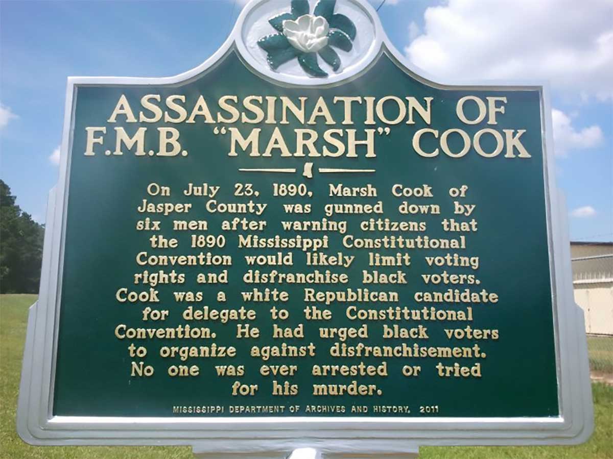 MSTODAYnews's tweet photo. On this day in 1890, white men assassinated F.M.B. “Marsh” Cook after he criticized a Constitutional Convention plot to “restore” white supremacy. 
https://t.co/MIymeeMAbM https://t.co/TEqYemFbec