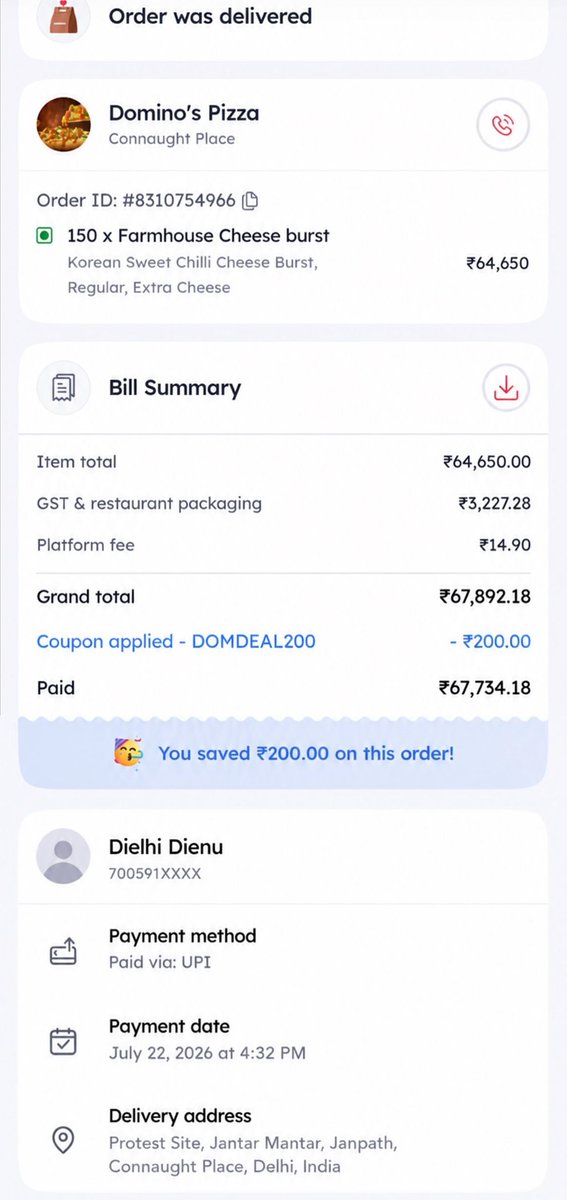 NalinisKitchen's tweet photo. This man from Nagaland ordered 150 Domino's pizzas worth ₹67,734 for the protesters at Jantar Mantar, Delhi.

He said, "They are far away from my home, fighting for a better education system. I couldn't be there with them, so this was the least I could do." https://t.co/ByuFj5nQk1