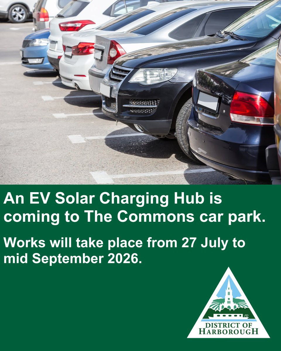 HarboroughDC's tweet photo. 🌱 From 27 July - mid-Sept 26, work will be underway to install a new EV Solar Charging Hub in The Commons car park.

There may be some temporary disruption. As always, disabled car park users can park in any space for free for up to 3 hours if they display their badge &amp; clock. https://t.co/un0Z60cN9J