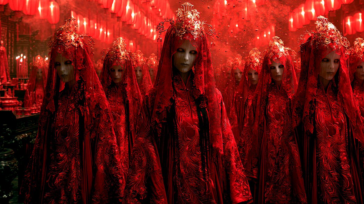 NyaiiBubu's tweet photo. Ghost Brides 😱 

Prompt 👇 
A forgotten hall of ghost marriages, hundreds of deceased Chinese brides in luxurious blood-red traditional wedding dresses with embroidered phoenixes, ornate golden phoenix crowns, translucent pale skin, expressionless faces, hollow eyes, long black hair, faded red silk veils, silently waiting for an eternal wedding ceremony inside an ancient temple, endless red lanterns, incense smoke, ancestral altars, black lacquered wood, drifting ash, haunting stillness, authentic Chinese ghost marriage folklore, ultra realistic cinematic horror, masterpiece, --ar 16:9 --raw --stylize 120 --chaos 20