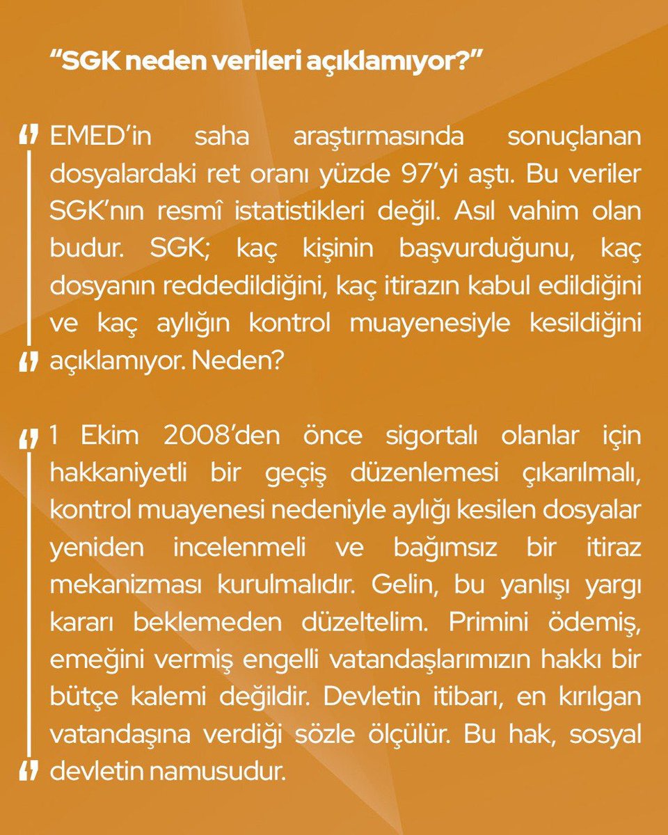 devapartisi's tweet photo. Elif Esen: “1 Ekim 2008’den önce sigortalı olan 4/A’lı engelli çalışanların vergi indirimi belgesine dayalı emeklilik sistemi sona erdirildi. Gelin, bu yanlışı yargı kararı beklemeden düzeltelim. 

Primini ödemiş, emeğini vermiş engelli vatandaşlarımızın hakkı bir bütçe kalemi değildir. Devletin itibarı, en kırılgan vatandaşına verdiği sözle ölçülür. Bu hak, sosyal devletin namusudur.”
