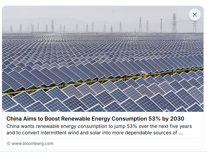 johnrhanger's tweet photo. Good morning with good news: China will increase renewable energy generation by 50% to 6 trillion kWh by 2030.  

US generated a total of 4.43 trillion kWh in 2025.  

RE will rise to ~46% in 2030.  

Wind &amp; solar will jump to 30% in 2030 from 22% in 2025.
https://t.co/J2JoG9yAa2 https://t.co/QUYYAkLoR1