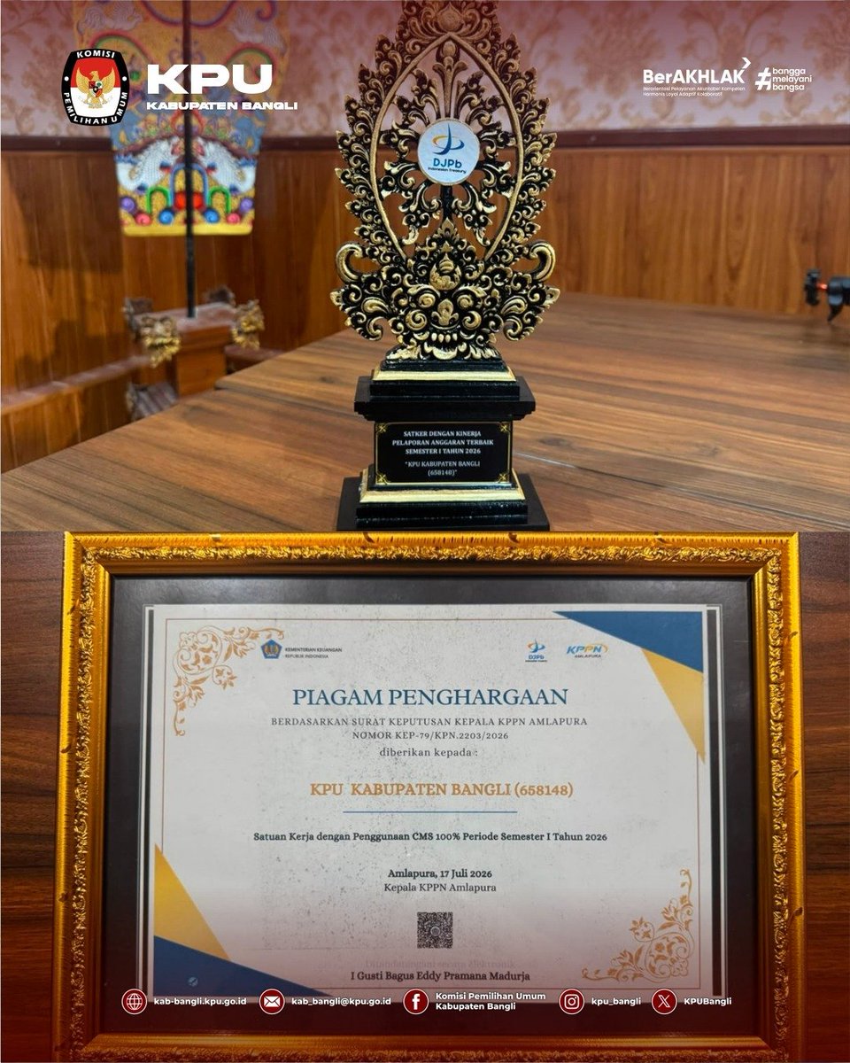 KPUBangli's tweet photo. #TemanPemilih – Komisi Pemilihan Umum Kabupaten Bangli menghadiri kegiatan KPPN Awards Semester I Tahun 2026, bertempat di Aula KPPN Amlapura, Kamis (23/7/2026). https://t.co/EWyxGrjkBk
